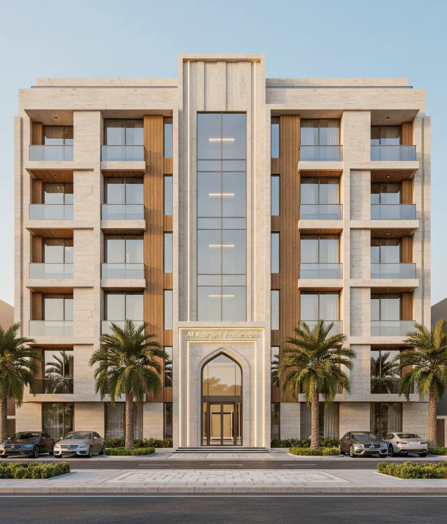 Mid-rise apartment building by day: a travertine grid with timber panels and balconies around a glazed central core and arched entrance.