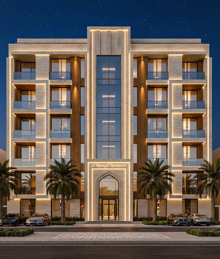 The apartment option at night, its stone frame and balconies outlined in warm light.