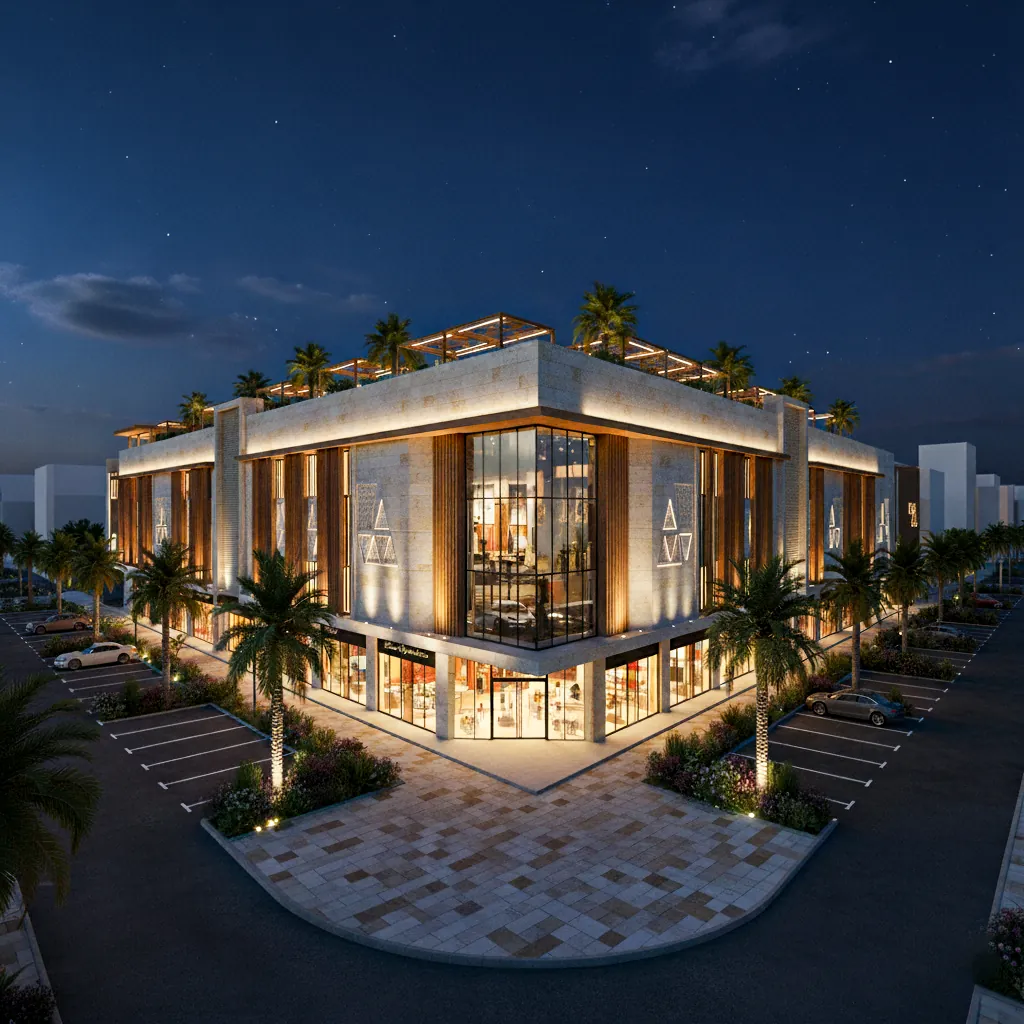 The commercial option at night, lit shopfronts wrapping the corner beneath the upper floors.