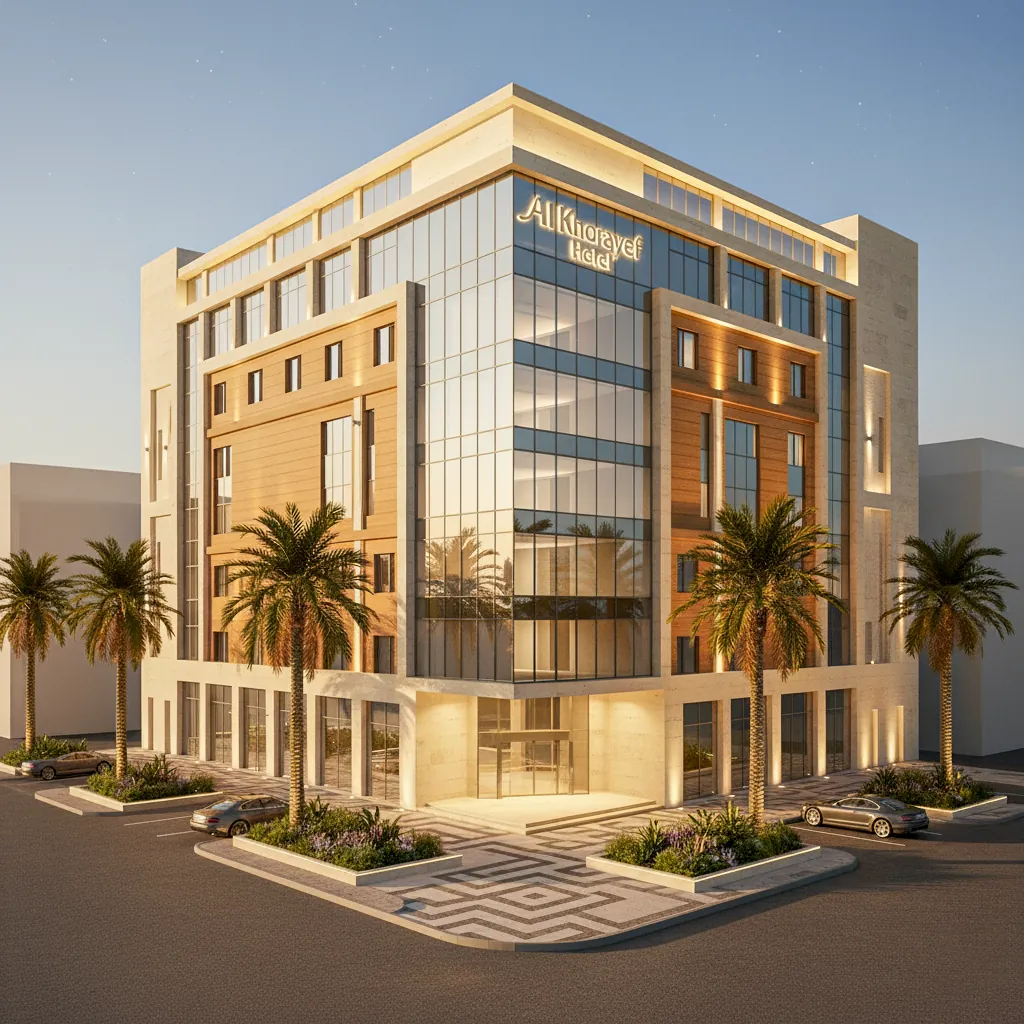 Corner hotel building by day: a glazed central bay between stone frames and timber panels, with palms around the drop-off.