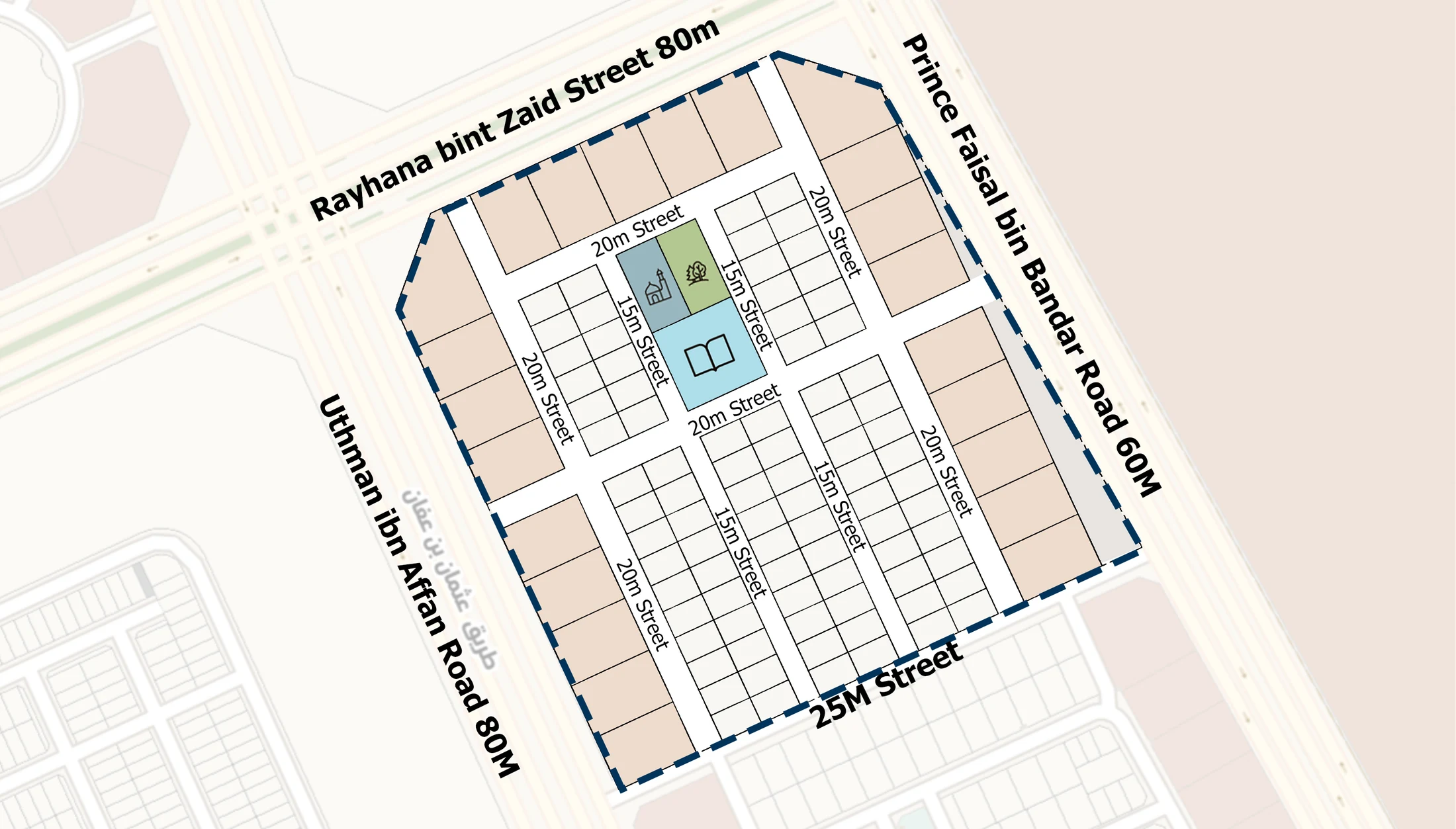 Land-use plan within the four bounding roads: perimeter plots, the residential grid, internal 15 m and 20 m streets, and the mosque, school and park at the centre.