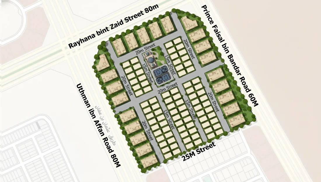 Colour master plan of the whole site: tree-lined edges, plots facing the main roads, a grid of residential plots on 15 m and 20 m streets, and civic buildings at the centre.
