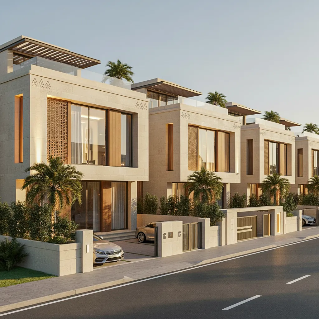 A row of two-storey townhouse villas by day: stone façades, timber screens and roof pergolas behind landscaped boundary walls.