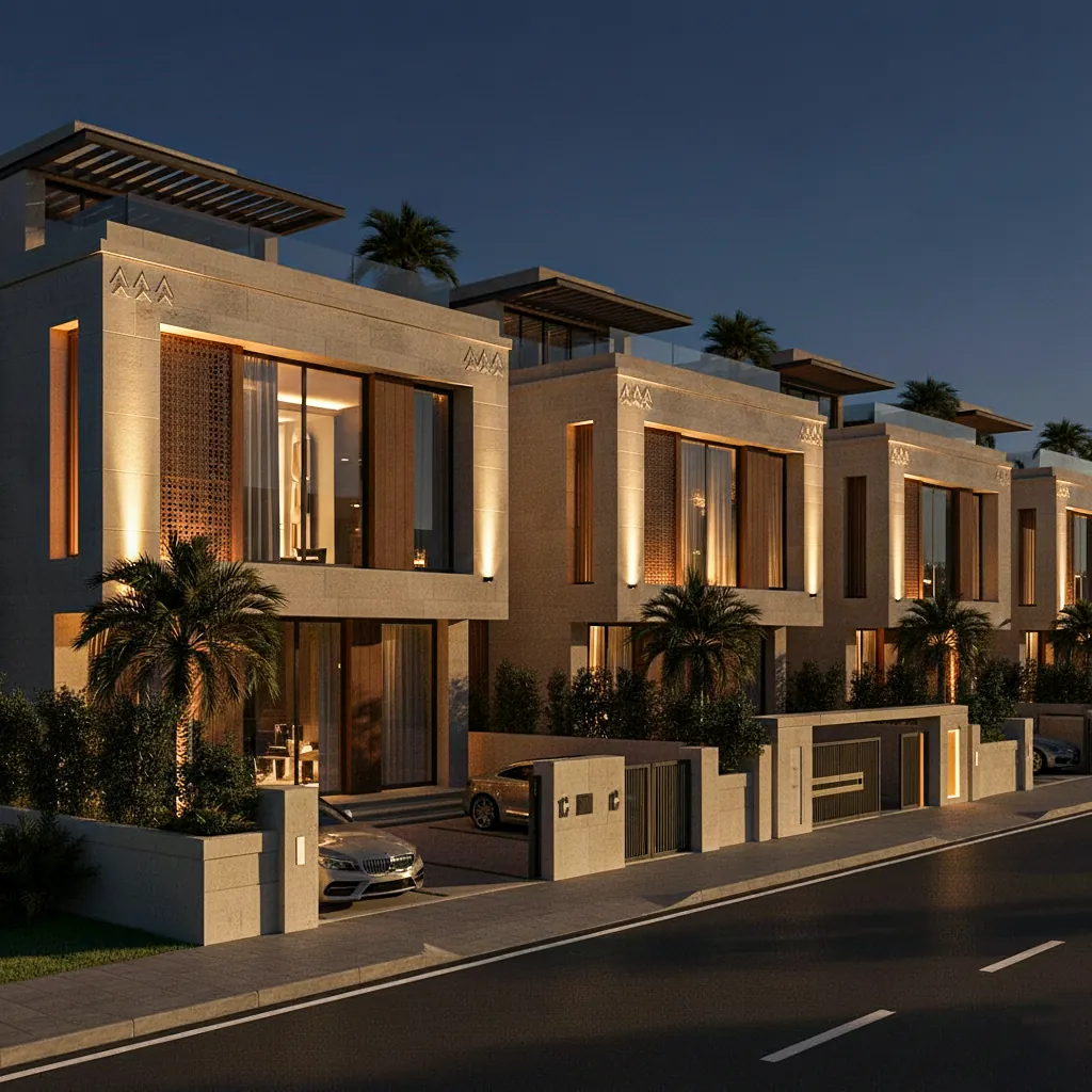 The townhouse villas at night, warm light on the stone façades and through the large windows.