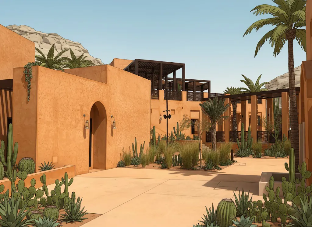 Earth walls and an arched gateway behind a garden of cacti, agaves and grasses.