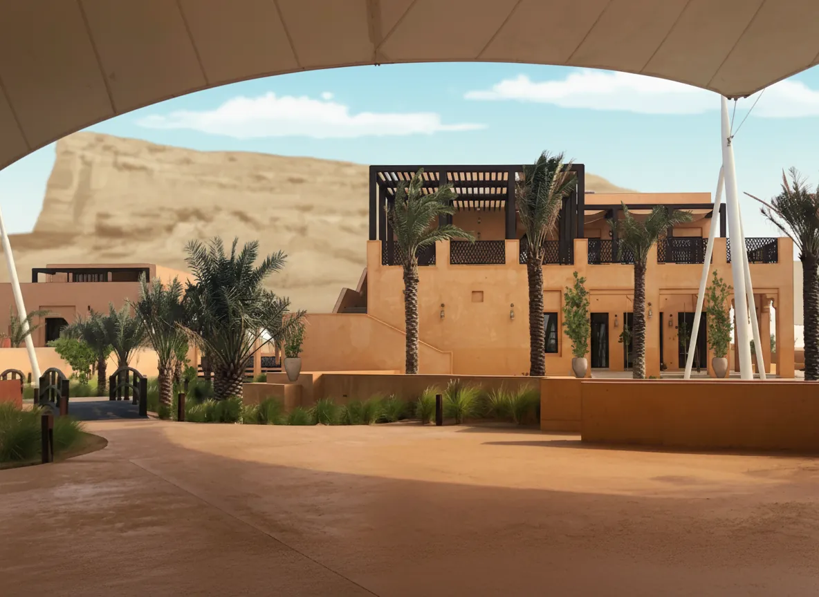 A two-storey earth-toned building with timber pergolas and palms, framed by a white tensile canopy, the escarpment rising behind.