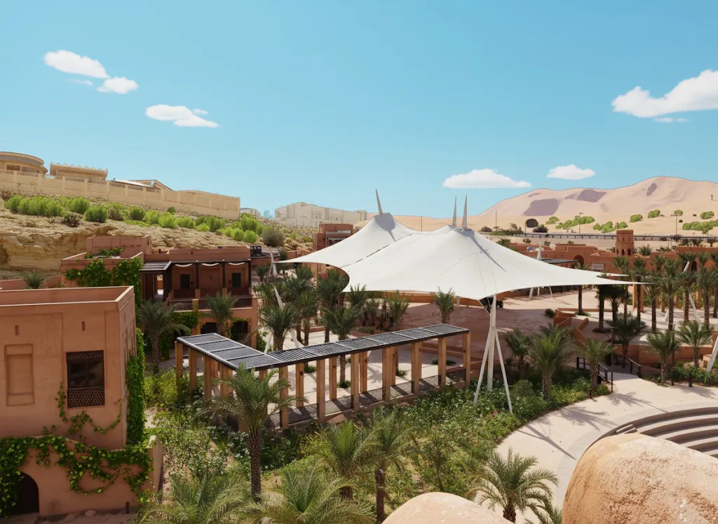 View from above over white tensile canopies, a timber pergola walk, palm groves and terraced seating, the escarpment and town beyond.