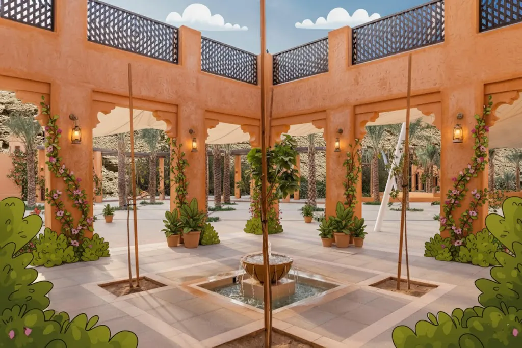 Arcaded courtyard with a central fountain, potted shrubs and climbing roses under screened parapets.