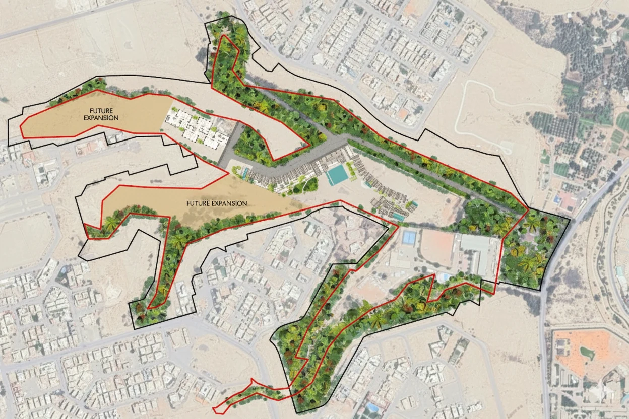 Rendered master plan over an aerial photograph: the planted corridor, pools and buildings at its centre, and two future expansion areas.
