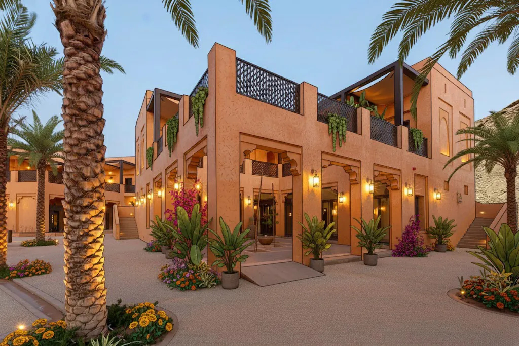 Two-storey Najdi-style building lit by wall lanterns, carved openings below a screened roof terrace, palms and flowers in front.