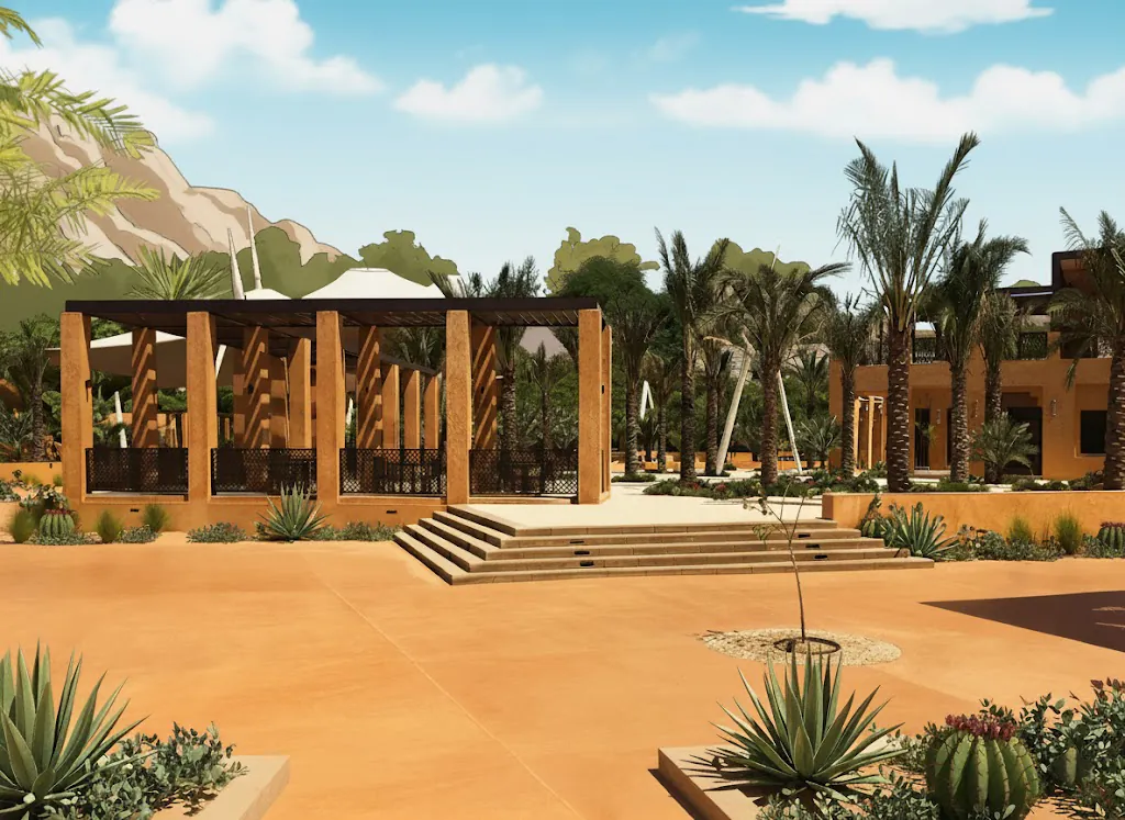 Open plaza with broad steps up to a timber-and-earth pergola, framed by palms and agaves.