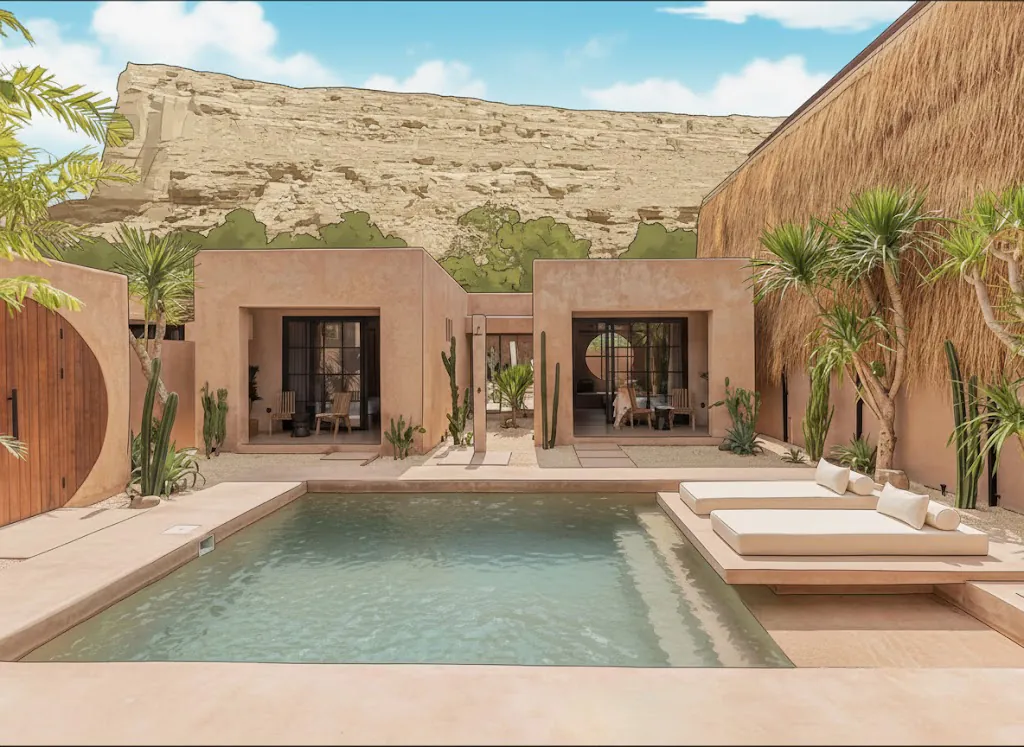 Pool court in front of two earth-rendered pavilions, with daybeds, palms, a palm-frond screen and the escarpment beyond.