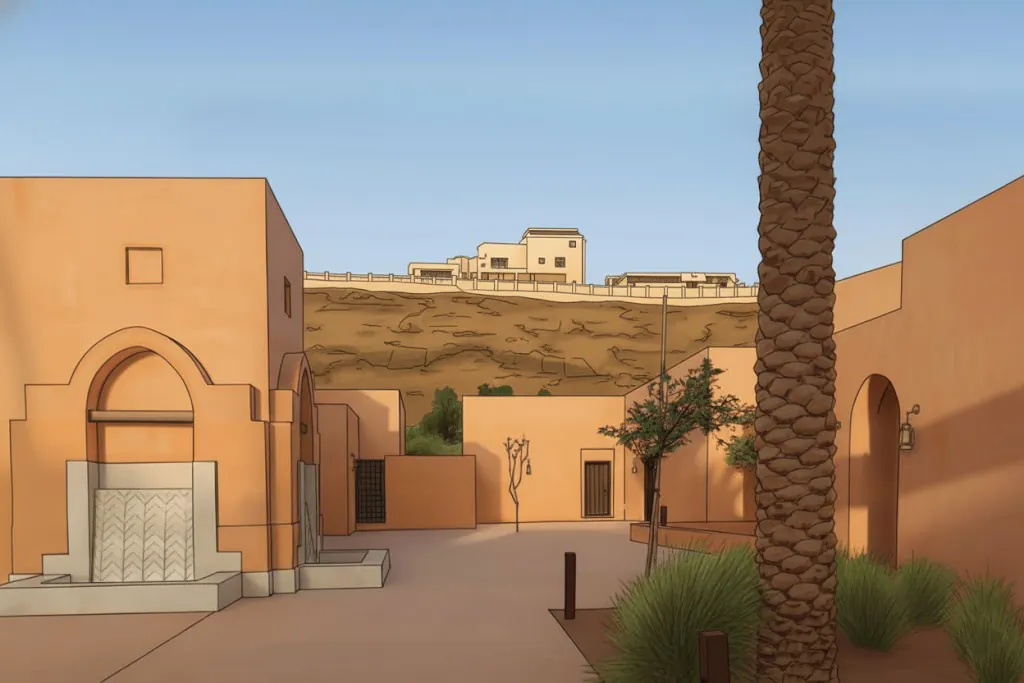 A lane between earth walls with an arched doorway, a palm trunk in the foreground and buildings on the ridge beyond.