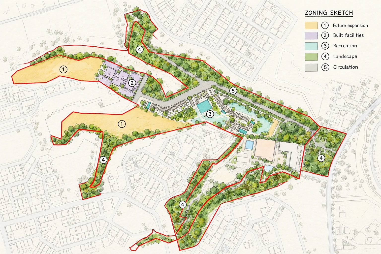 Illustrated zoning sketch of the corridor, its numbered zones drawn among trees, pools and buildings.