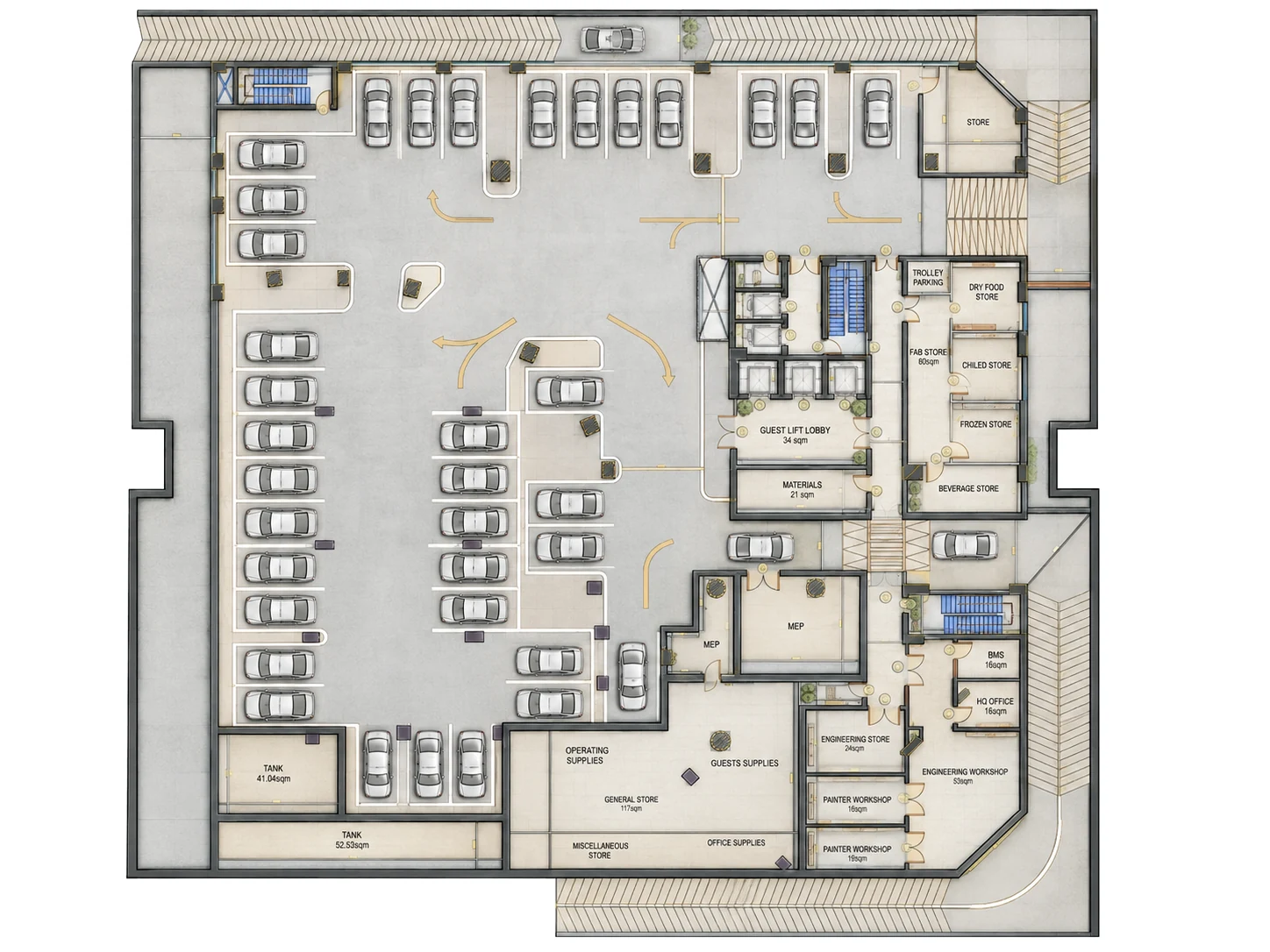 First basement plan: parking around the guest lift lobby, food and beverage stores, engineering and painter workshops, general stores and plant rooms.