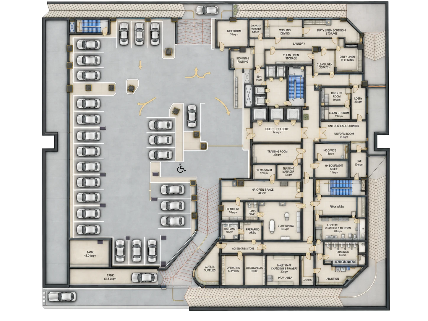 Second basement plan: parking, the laundry, staff dining, lockers and prayer rooms, training rooms and HR offices.
