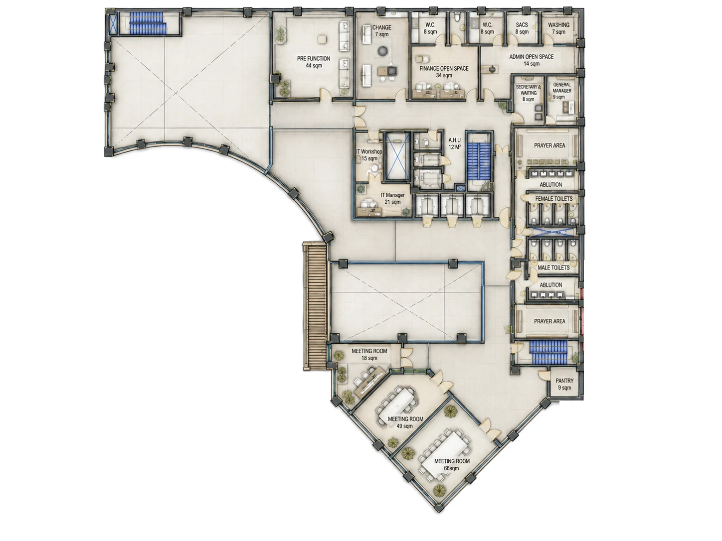 First floor plan: a pre-function area and three meeting rooms, administration and finance offices, prayer areas, toilets and ablutions.
