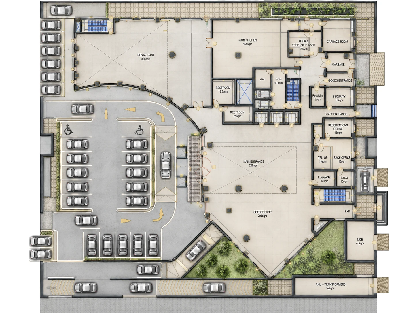 Ground floor plan: the arrival court and parking, main entrance lobby, coffee shop, restaurant and main kitchen, front office and service entrances.