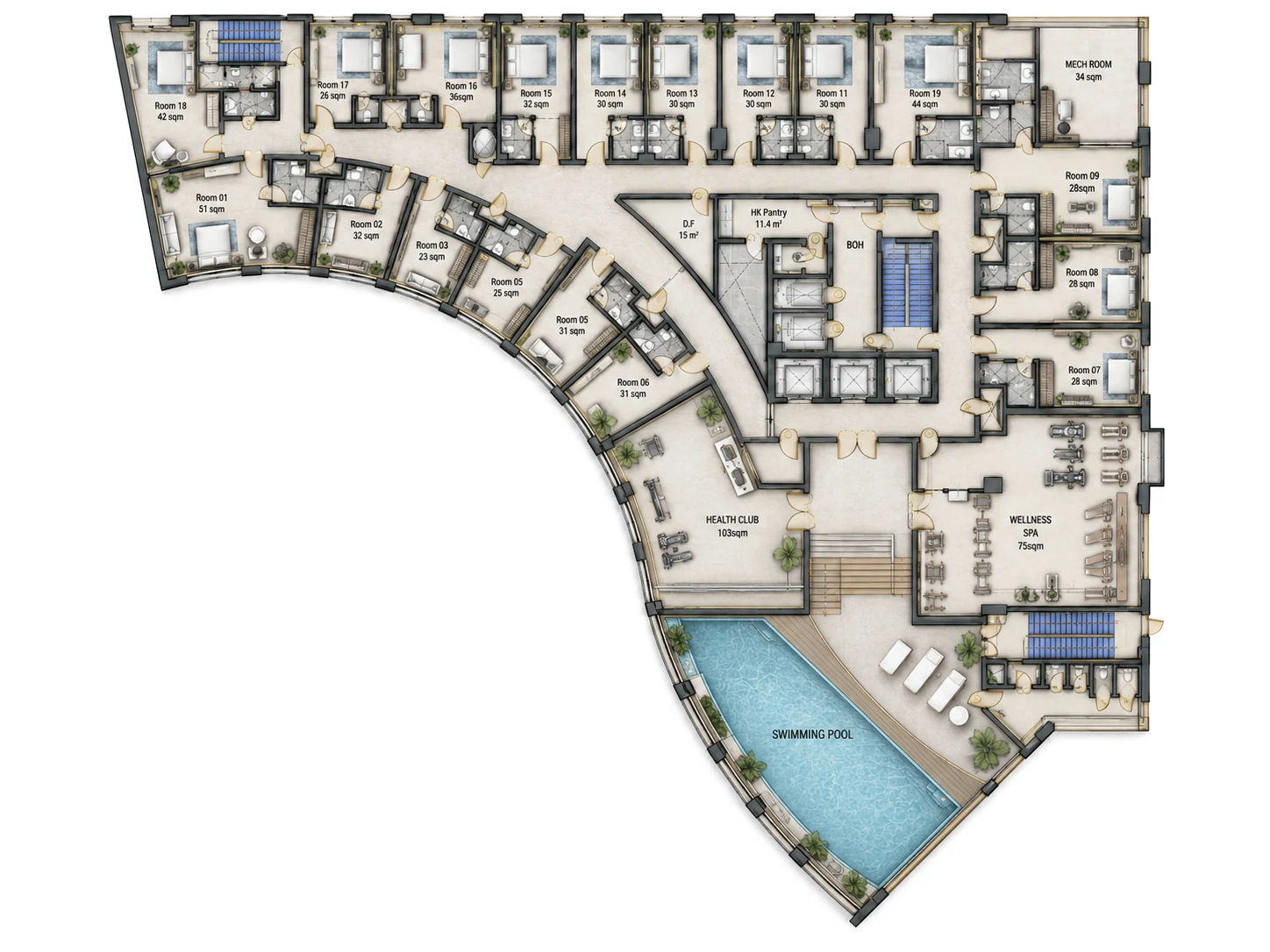 Roof floor plan: guestrooms along the curve, a health club, a wellness spa and an outdoor swimming pool.