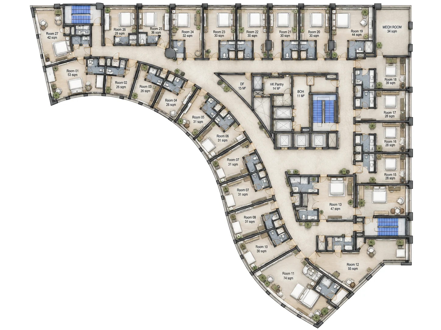 Typical guest floor plan: guestrooms along the curved wing and the straight wings, around the lift core and housekeeping pantry.