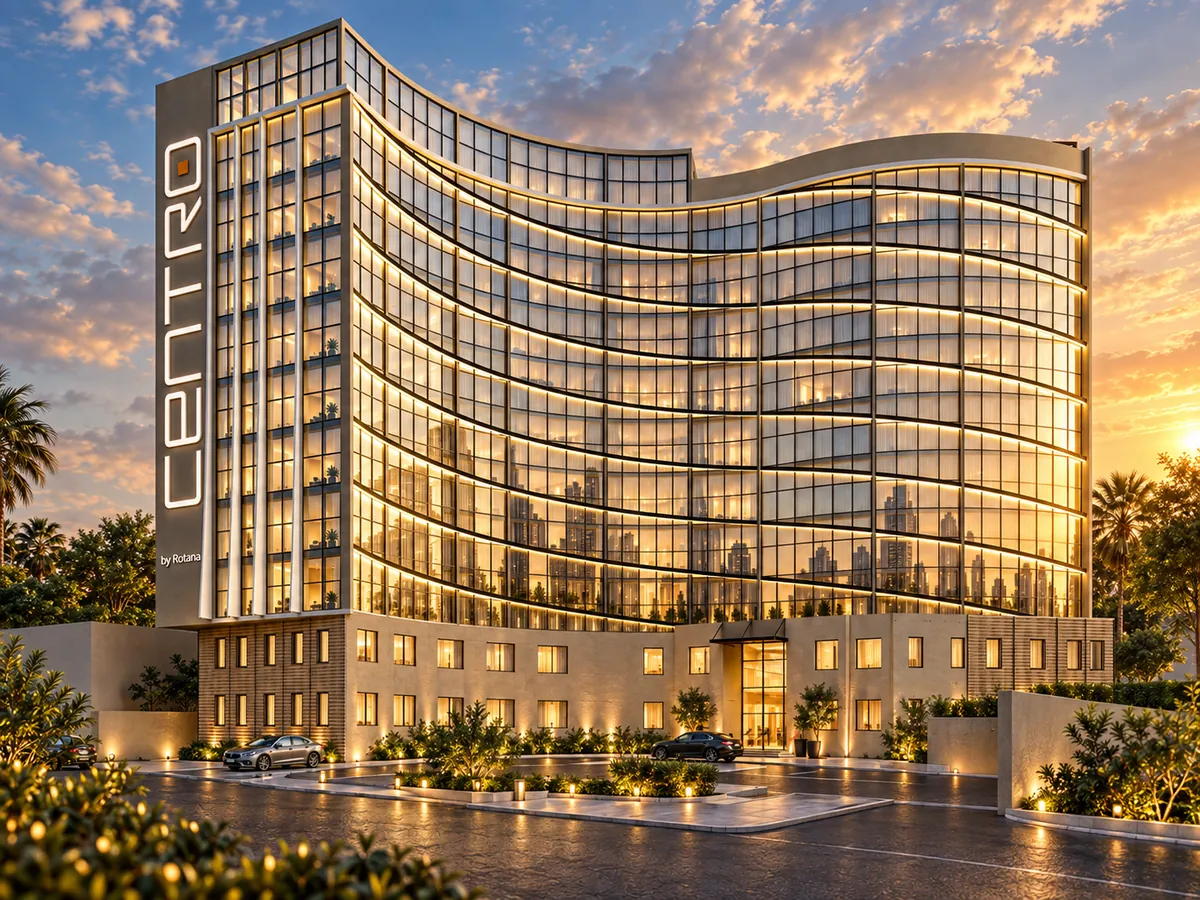 The hotel at sunset, its curved glass façade lit floor by floor beside the vertical Centro sign, above a stone podium and arrival court.