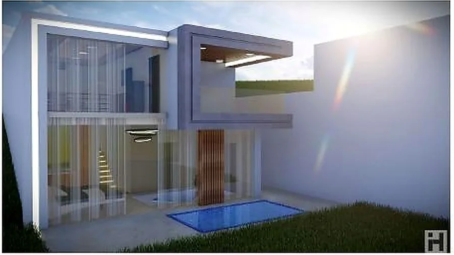 The garden chalet from the court, cantilevered roof over the terrace and a small pool.