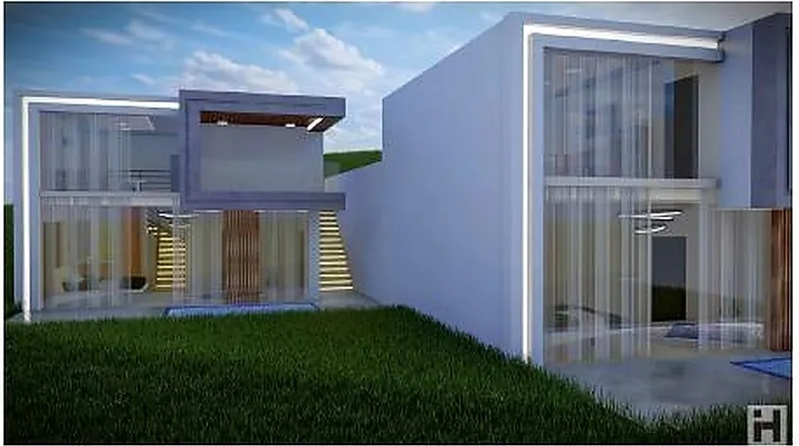 Compact chalet opening onto a lawn behind a screen wall.