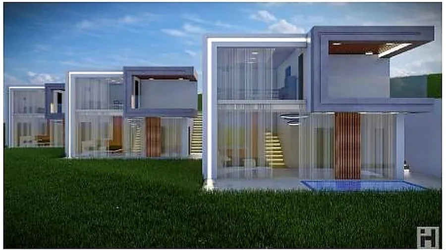 Chalet units arranged around a pool with lawn and paving between.