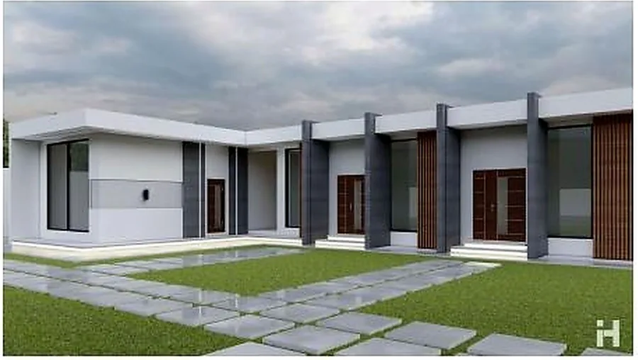 Minimal chalet with white render, timber slats and a shaded terrace.