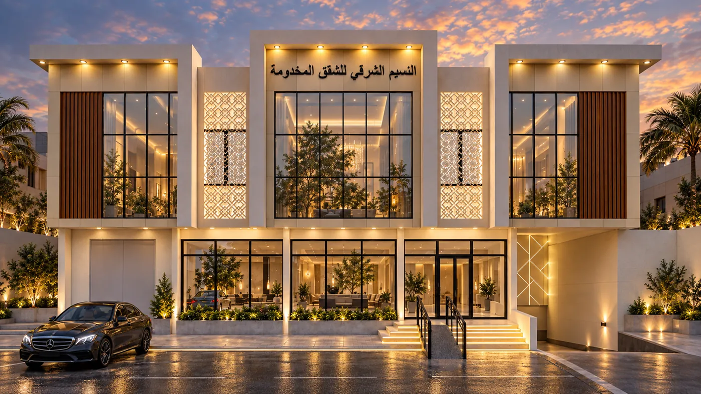 Front elevation at dusk, the glazed bays and patterned screens lit above the shopfronts and entrance steps.