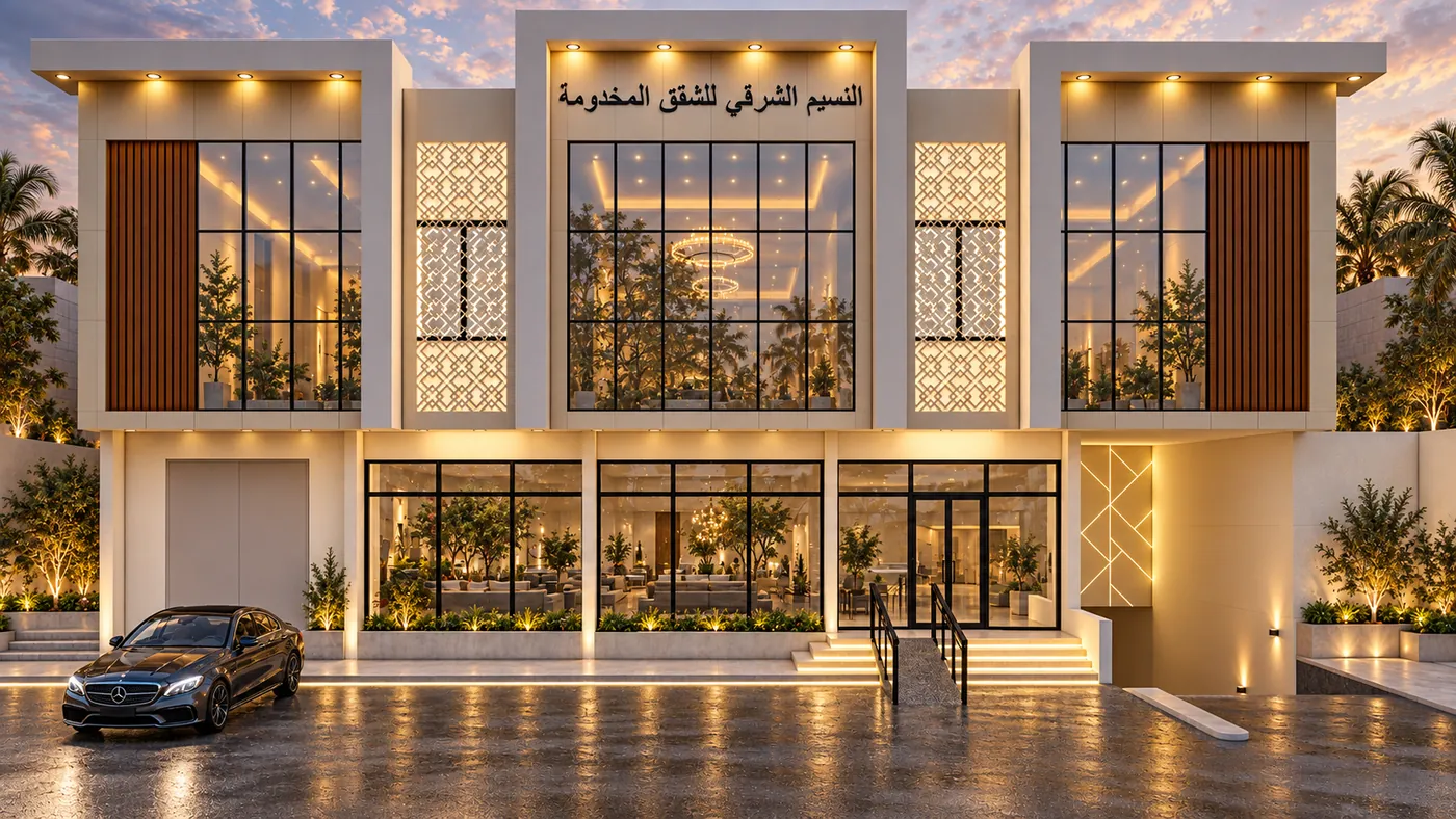 Close frontal view of the glazed central bay, its lit interior and chandelier above the shopfronts.