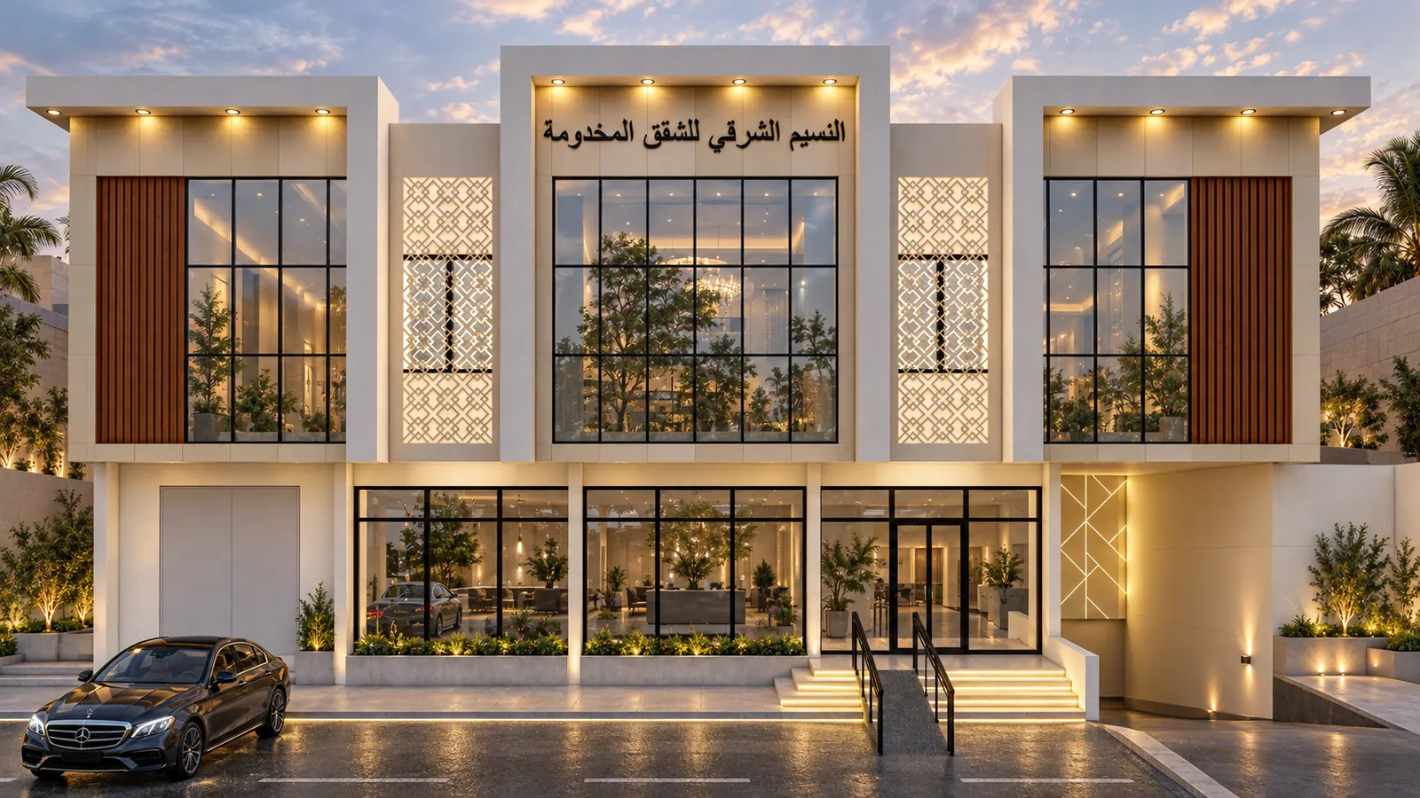 Two-storey building at dusk: three glazed bays with timber panels and patterned screens, Arabic signage above and shopfronts at ground level.