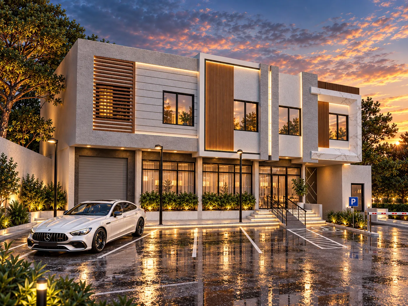 View across the wet forecourt parking to the shopfronts and the timber-clad upper floor.