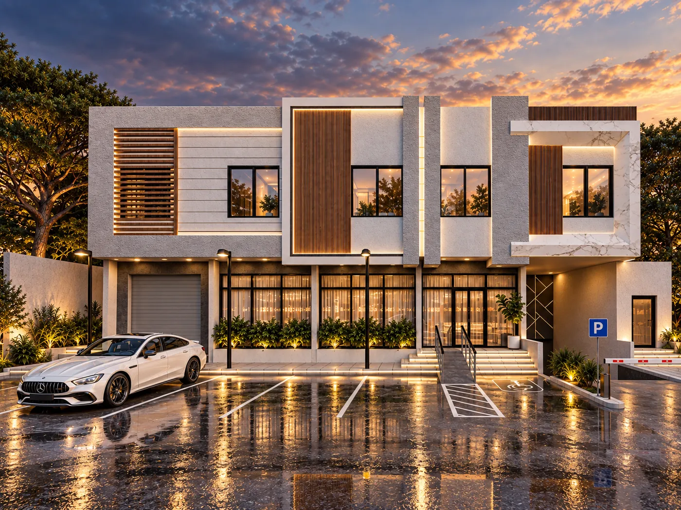 Compact two-storey commercial building at dusk: glazed shopfronts below an upper floor of stone, render and timber slats, with forecourt parking.