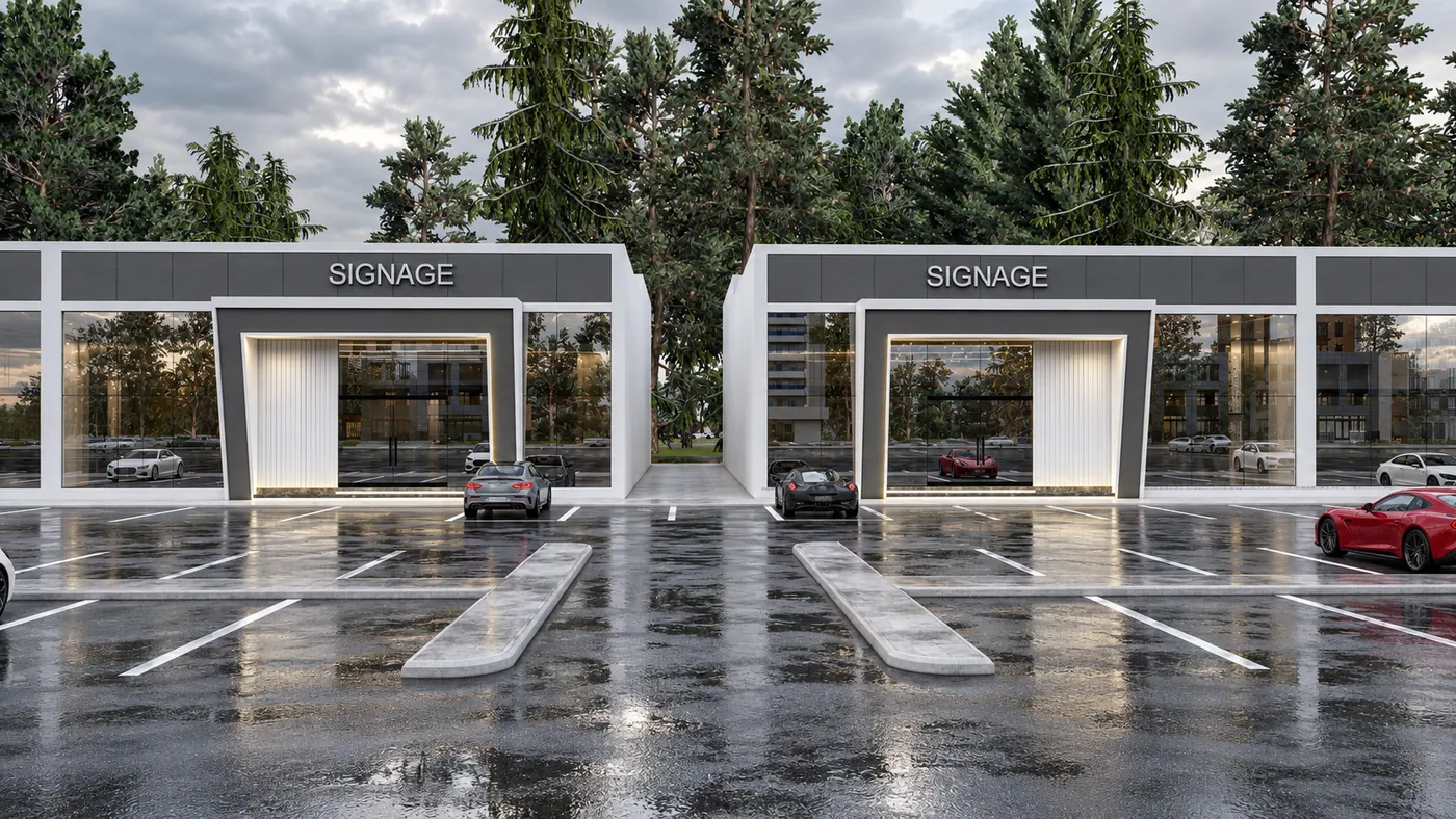 Two framed shopfront portals with signage bands facing a wet parking forecourt, pine trees behind.