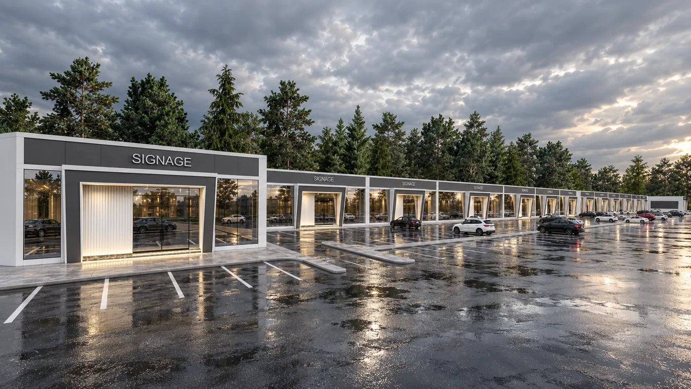 The retail parade receding into the distance, a regular rhythm of portals and glazing along the forecourt.