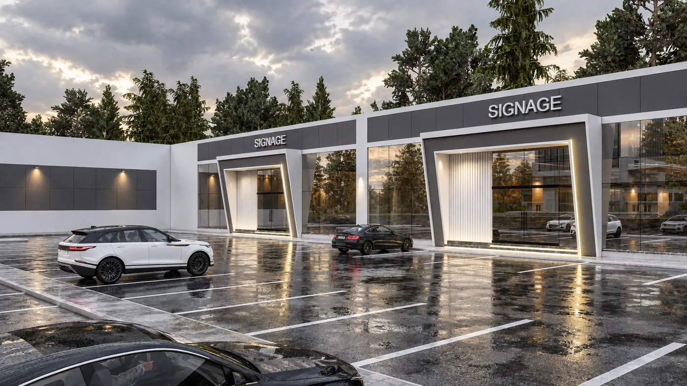 Angled view of a framed portal and glazed shopfronts from the parking, a white car in the foreground.