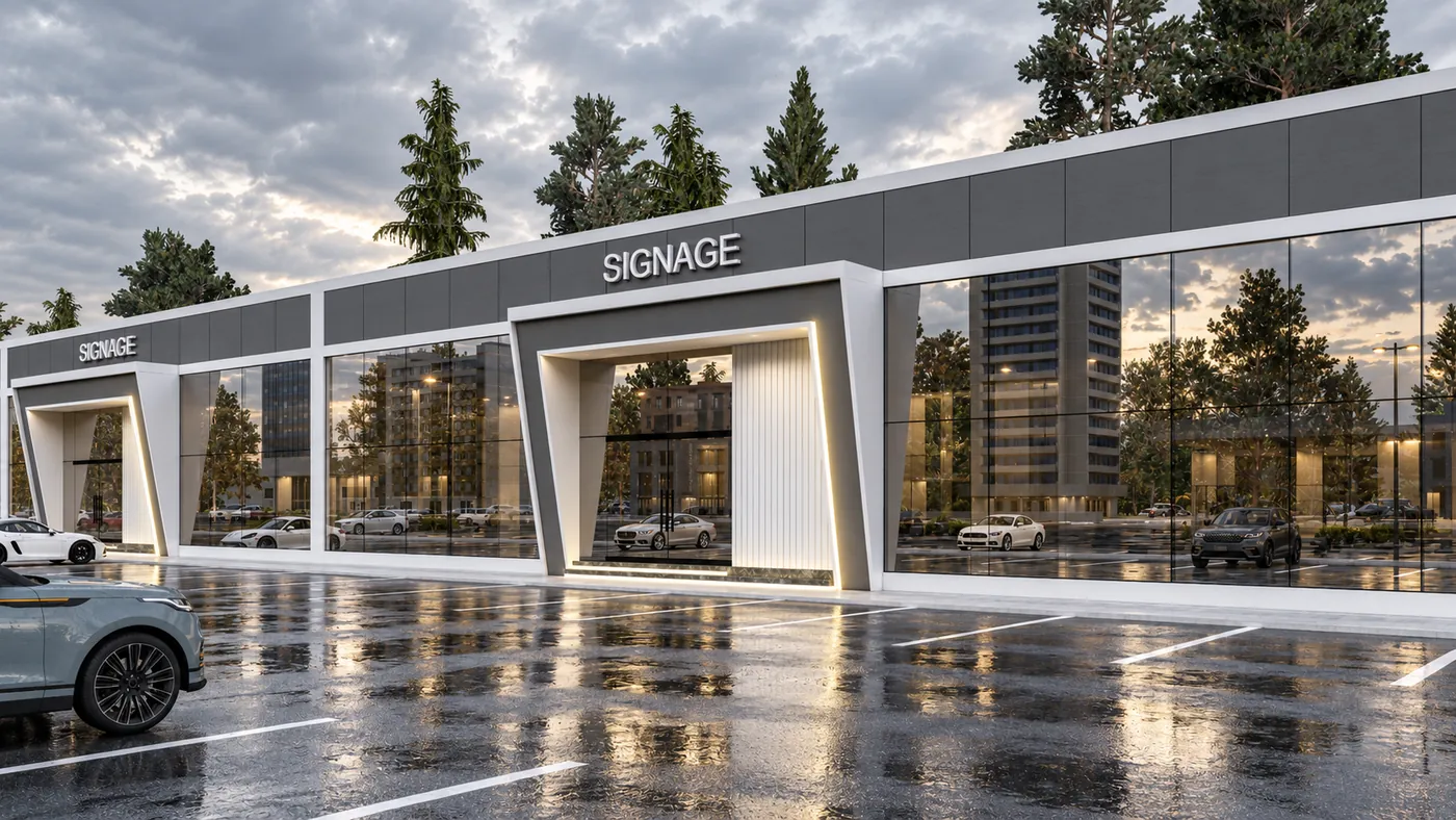 The parade frontage, glazed bays and signage portals in a steady rhythm behind the parking.