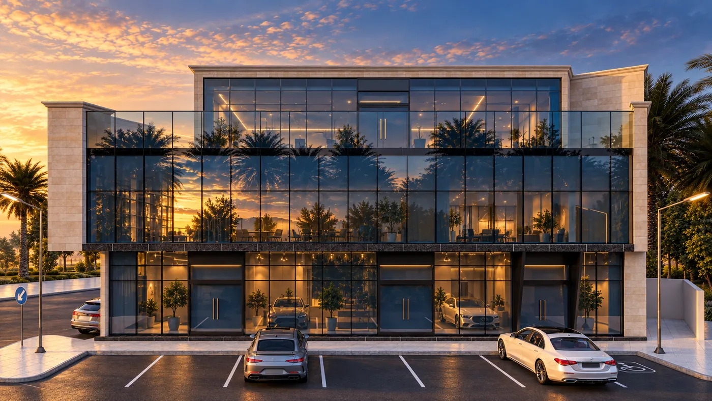 Frontal view at sunset of the glass façade framed by stone end walls, palms reflected across the upper glazing.