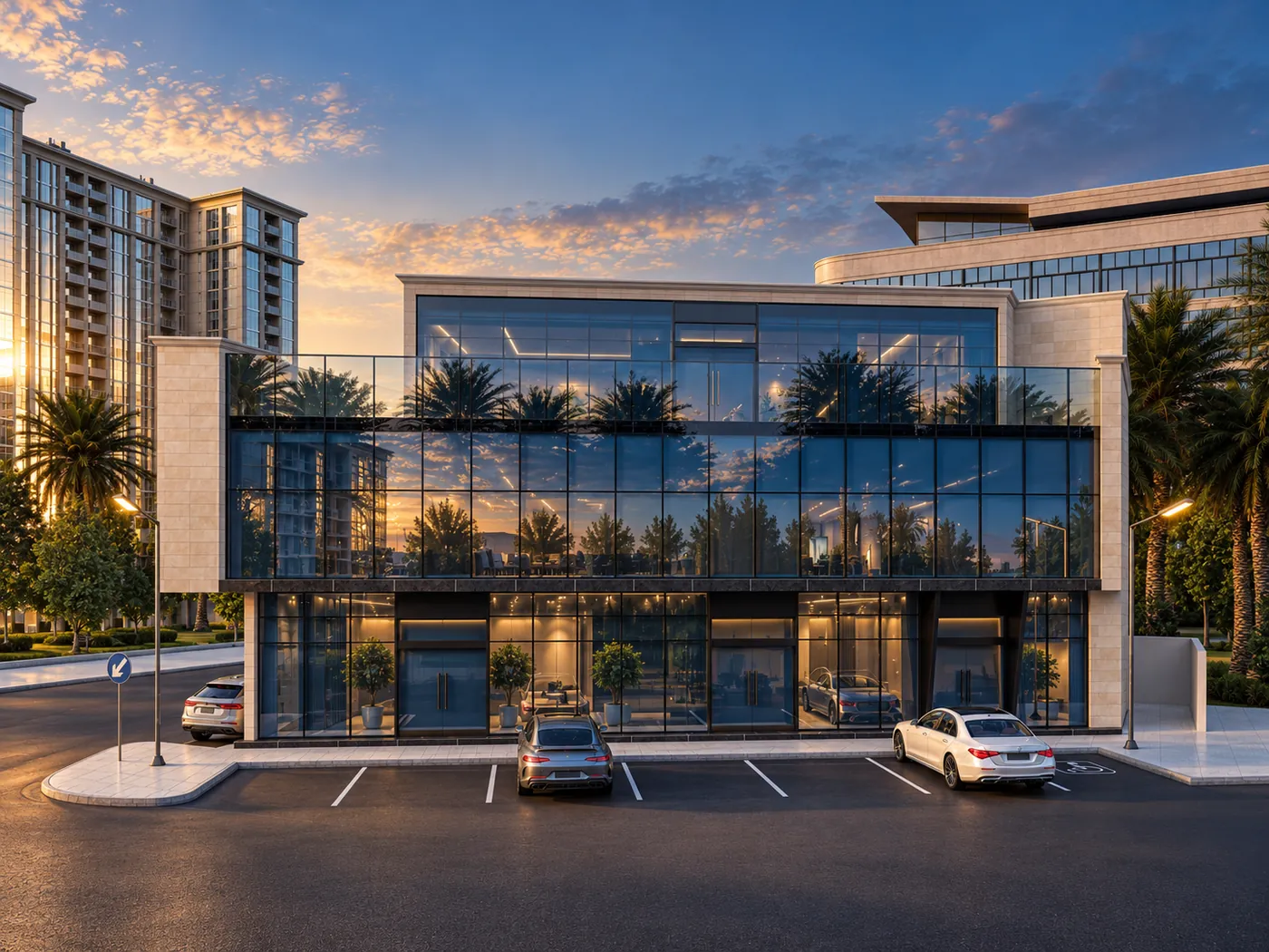 The building from the street at dusk: glazed upper floor reflecting palms and sky above lit shopfronts, cars in the parking bays.