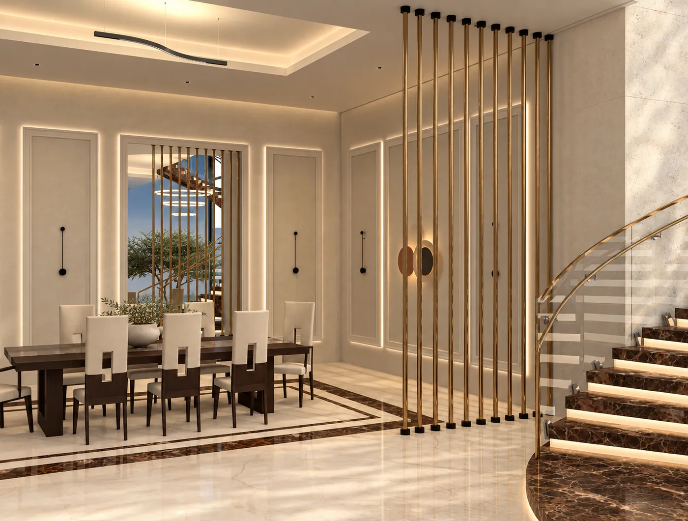 The dining room behind a screen of brass rods, with panelled walls, a mirror and the first steps of the stair.