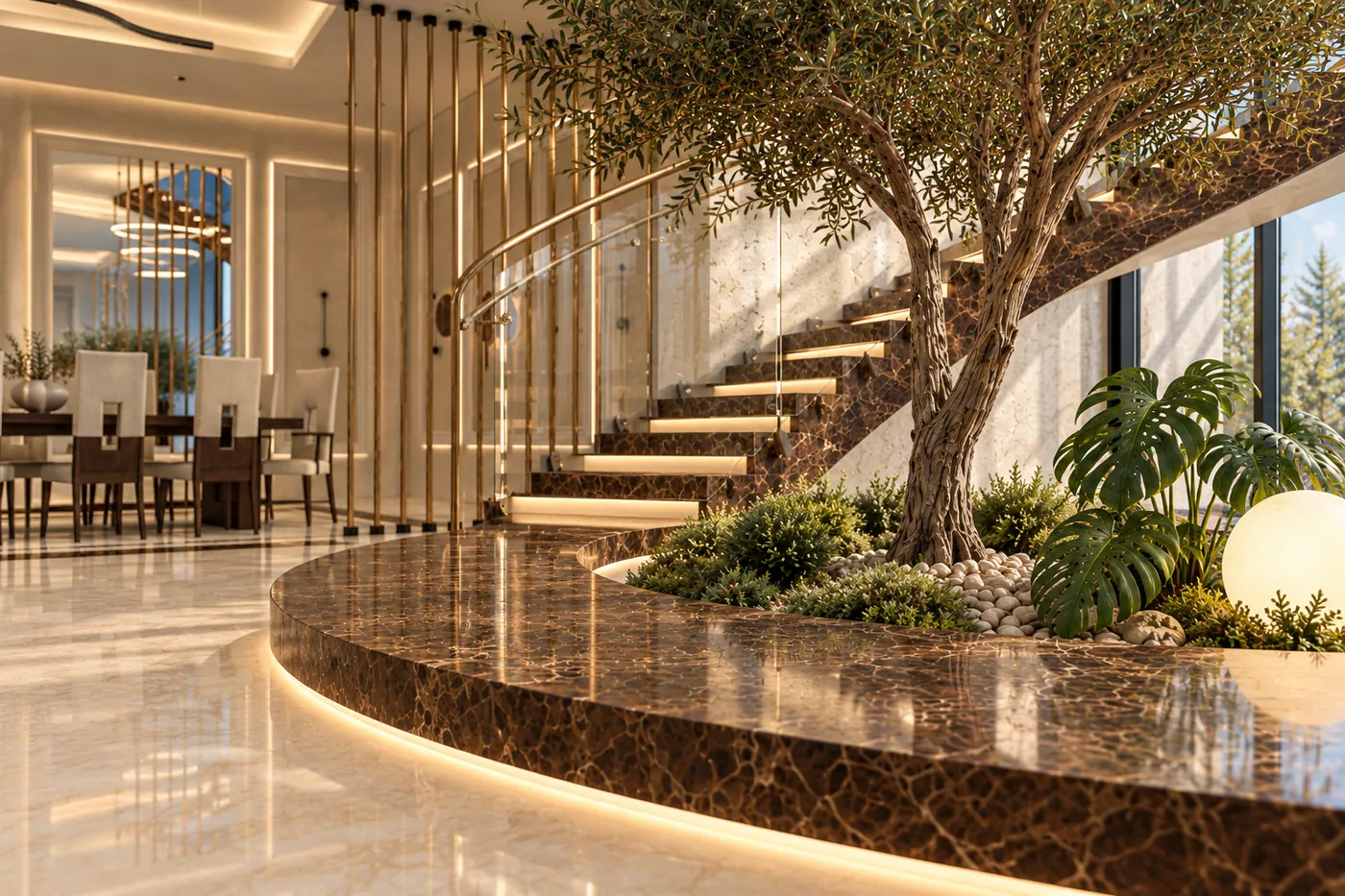 Low view along the curved marble planter, lit from below, with the stair and the dining room behind.