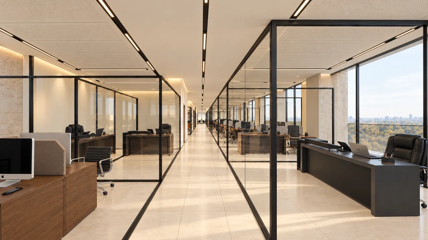 Long corridor between glass-walled offices, a manager’s desk on the right and workstations beyond.