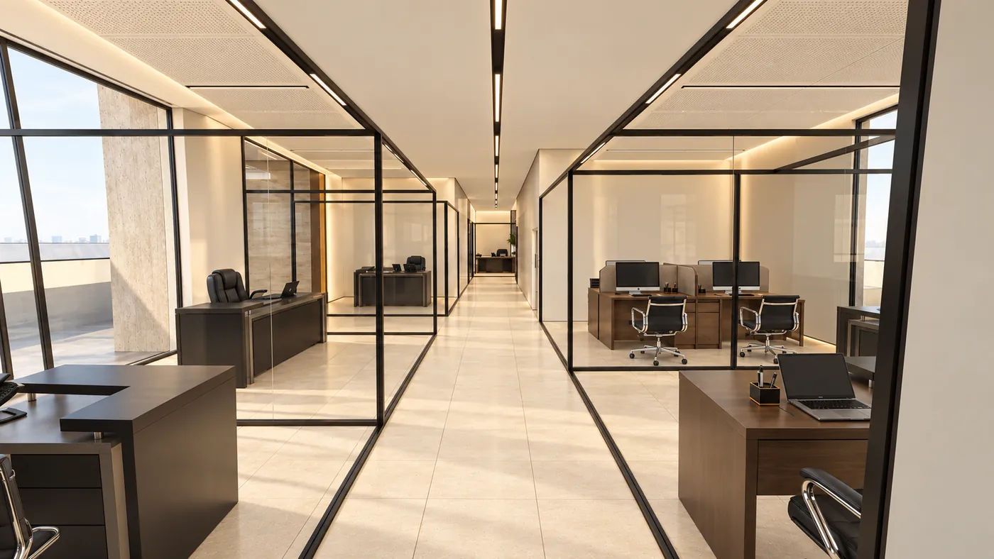Corridor between glass-walled offices, desks and chairs inside each room.