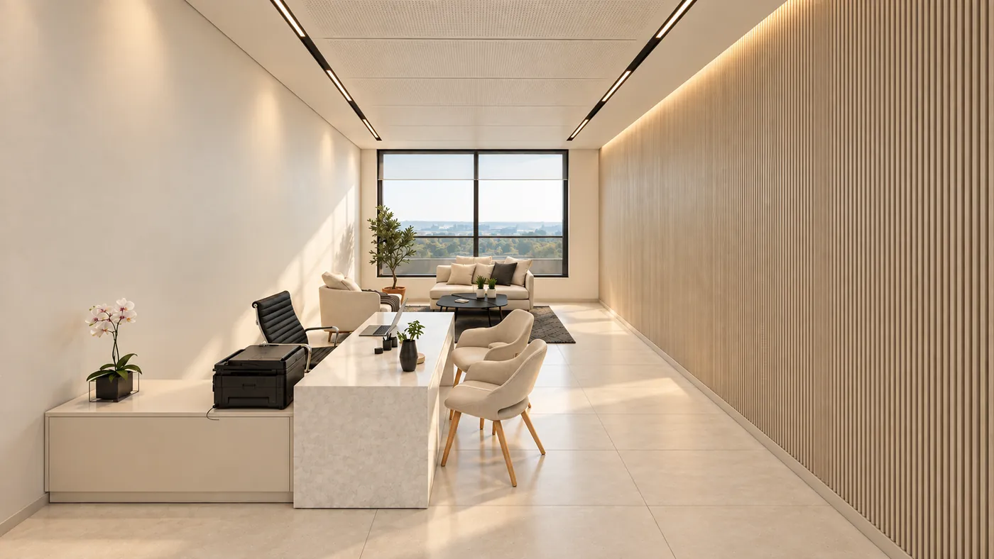 Waiting lounge with a white desk, a sofa and armchairs along a timber-slat wall and window.