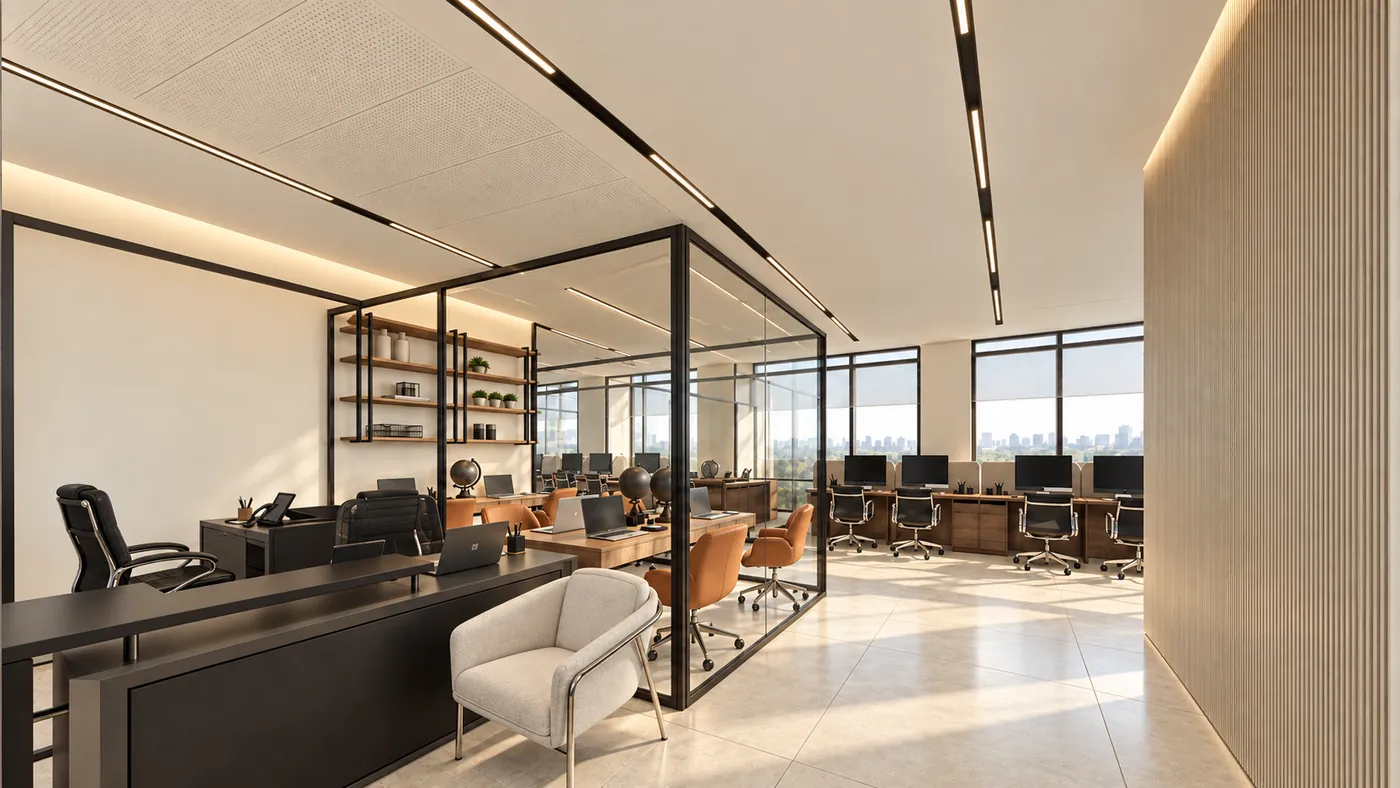 A manager’s desk in front of a glass-walled room with shelving, the open office and windows beyond.