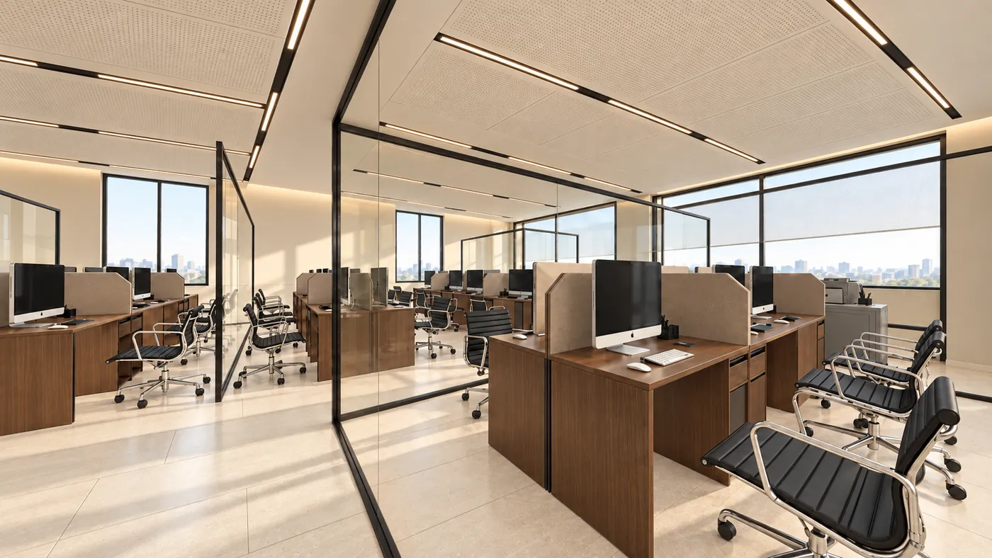 Open-plan office with timber workstations behind black-framed glass partitions, the city beyond the windows.