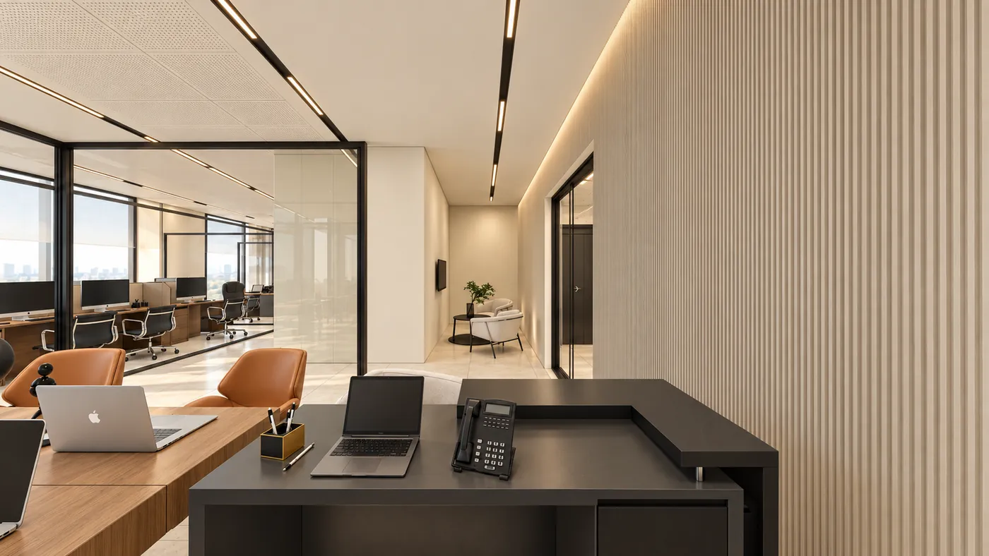 Reception desk with laptop and telephone, a timber-slat wall and leather lounge chairs.