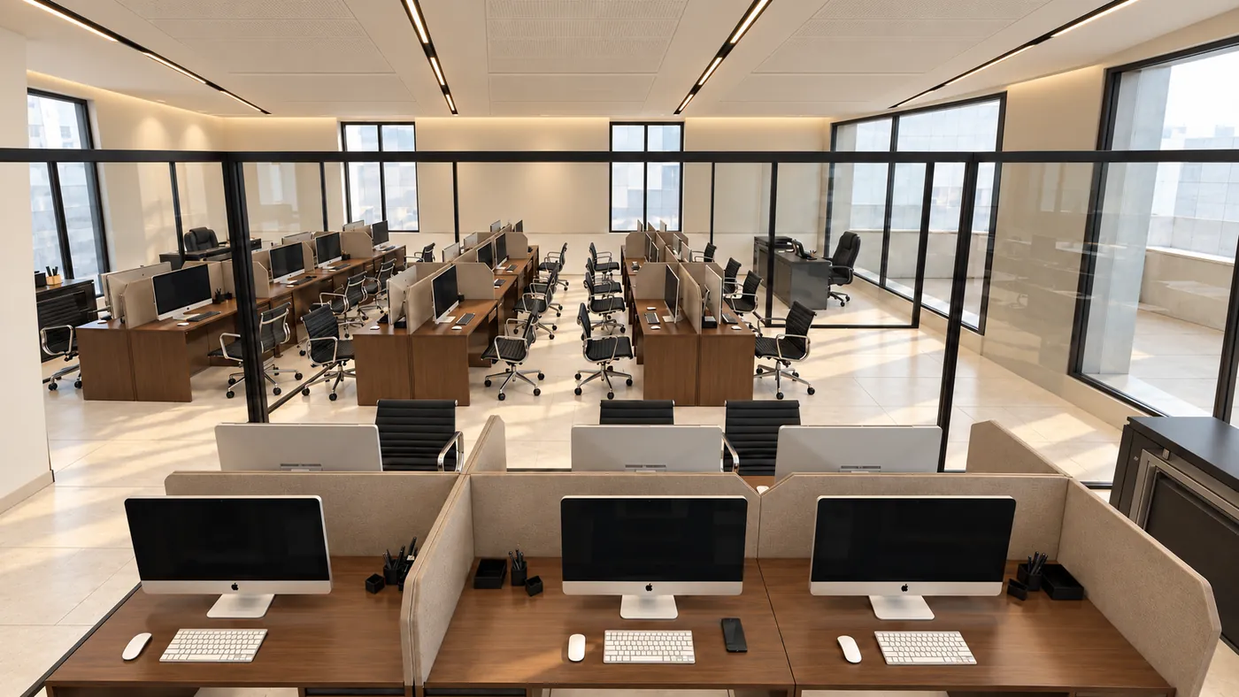 Clusters of white workstations with screens and timber desks across the open office.