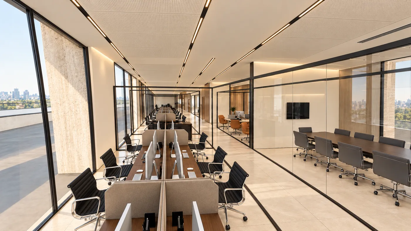 Rows of workstations along the glazing, and a glass-walled meeting room with a long table to the right.
